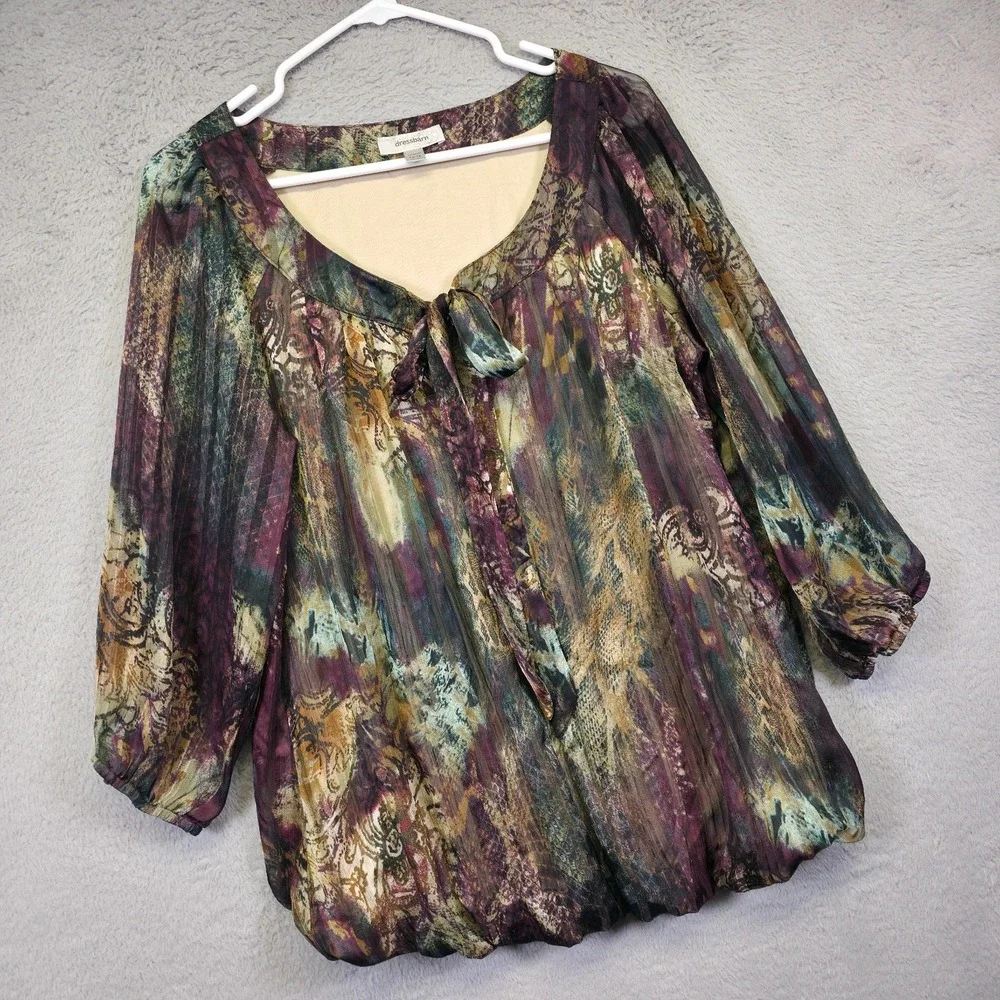 Y2K Dressbarn Top Women 14/16 Tie Satin Mixed Media Pisley Boho Bubble Hem Fairy